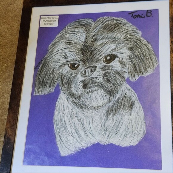 Hand Crafted Shih-Tzu Dog Colored Pencil Drawing Framed 9x11" - Picture 7 of 16